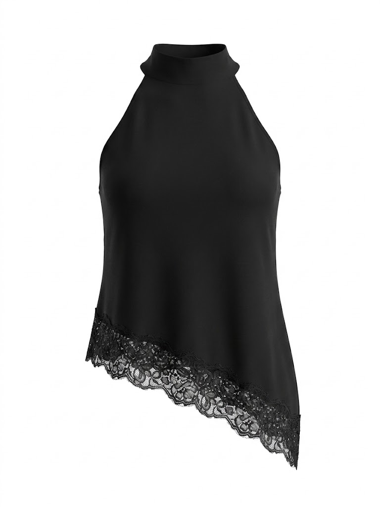 Noir Serenade High-Neck Lace Blouse - Black