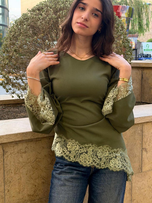 The Amélie Asymmetric Lace Top – Olive