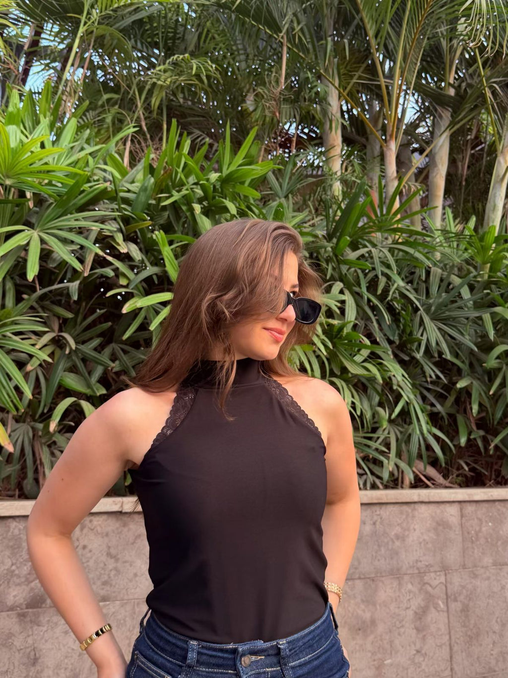 The Colette Lace-Trimmed Halter Top - Black